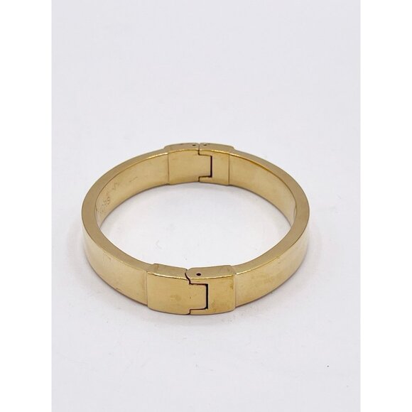 Michael Kors Gold Tone Hinged Bangle Bracelet Polished Logo Clasp MK Designer - Picture 2 of 7